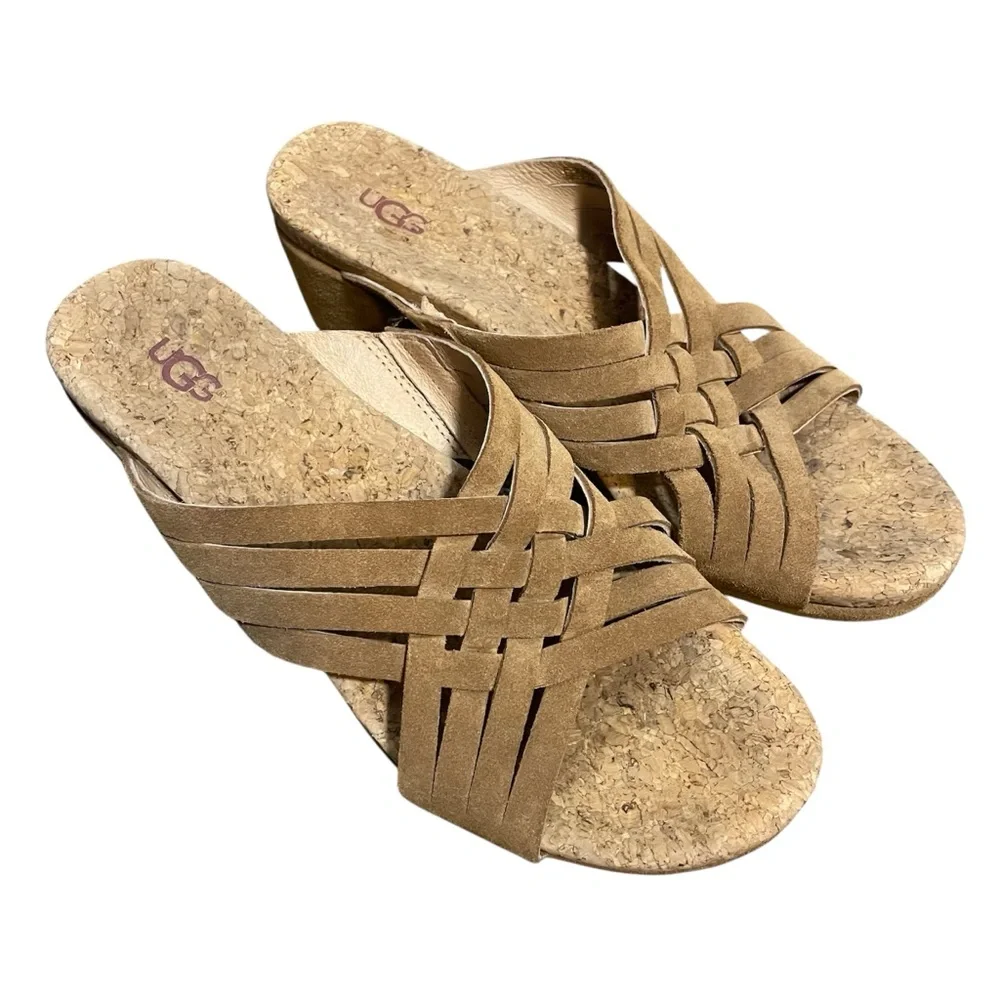 UGG Lilah Wedge Chestnut Brown Suede Cork Strappy Sandals Slip On
